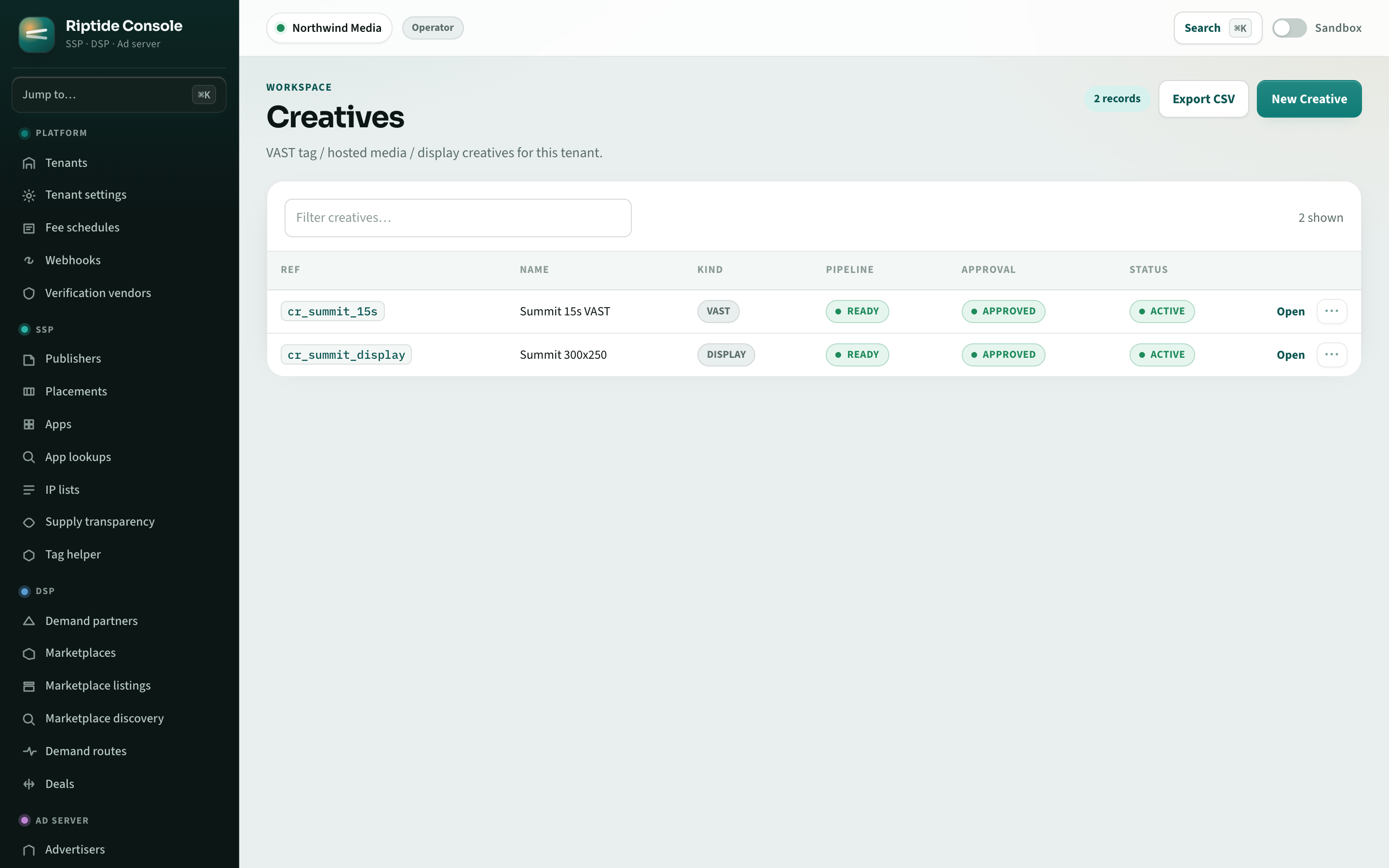 Riptide Console creatives with VAST and display pipeline status