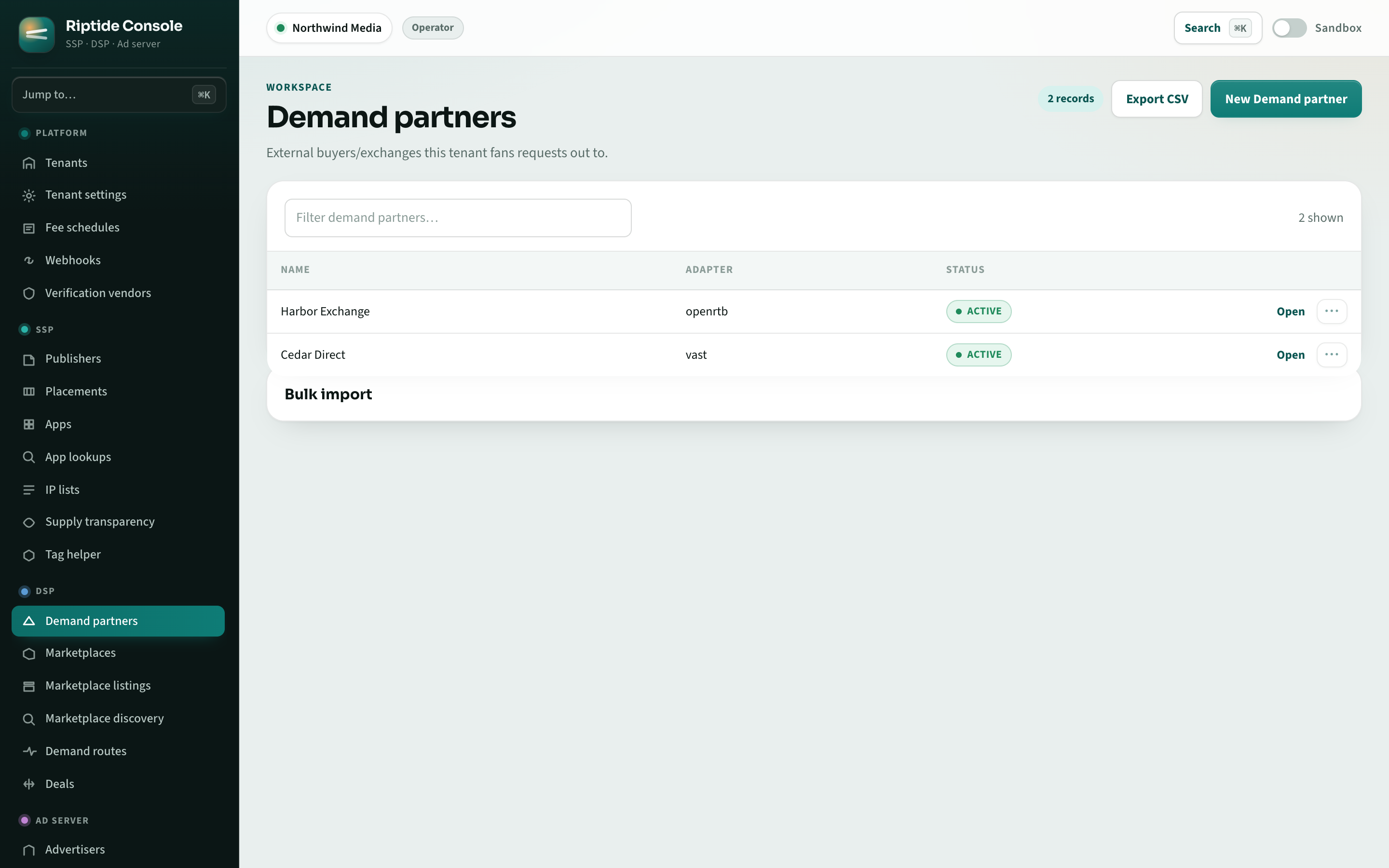 Riptide Console demand partners list