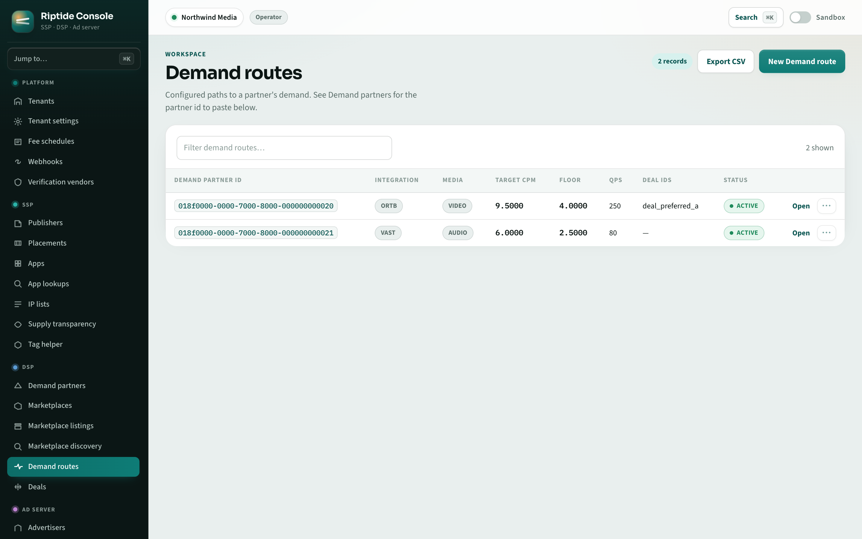 Riptide Console demand routes with OpenRTB and VAST integrations