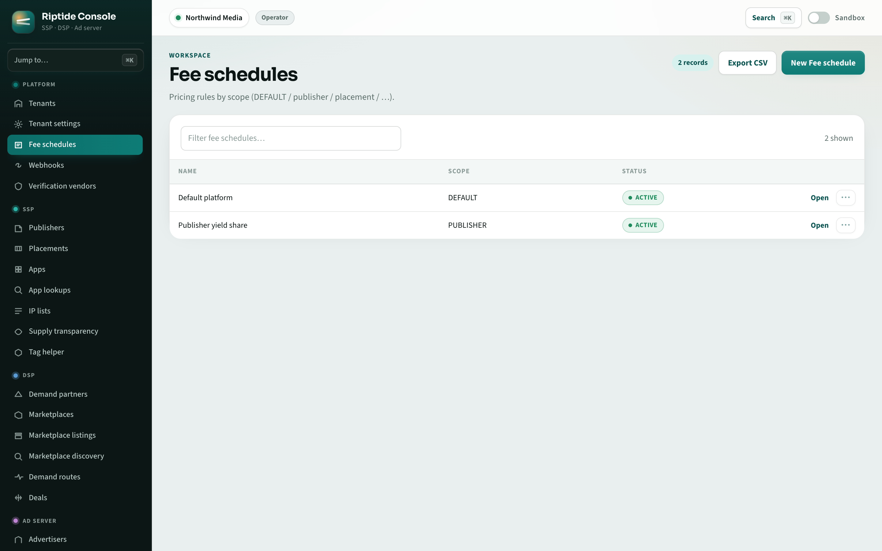 Riptide Console fee schedules for platform and publisher fees