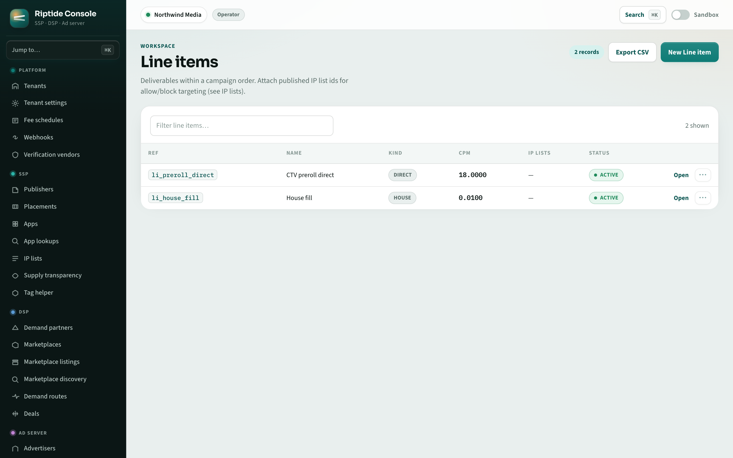 Riptide Console line items with direct and house deliverables