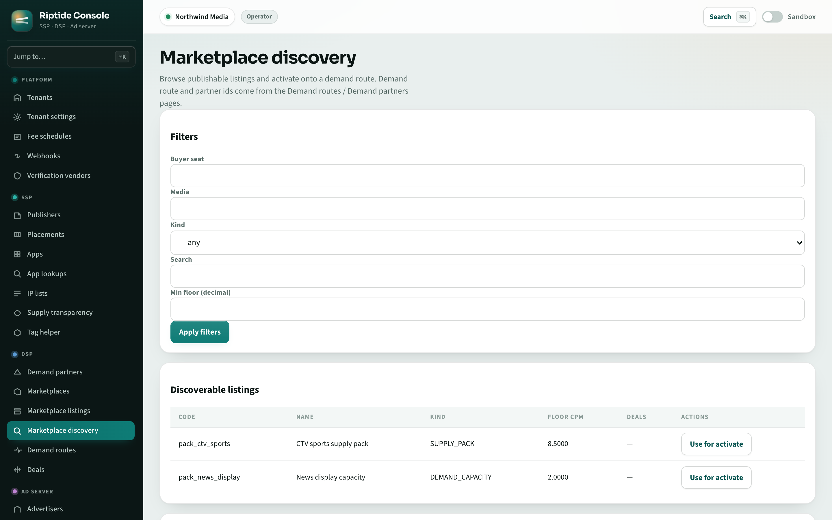 Riptide Console marketplace discovery with supply packs and activations