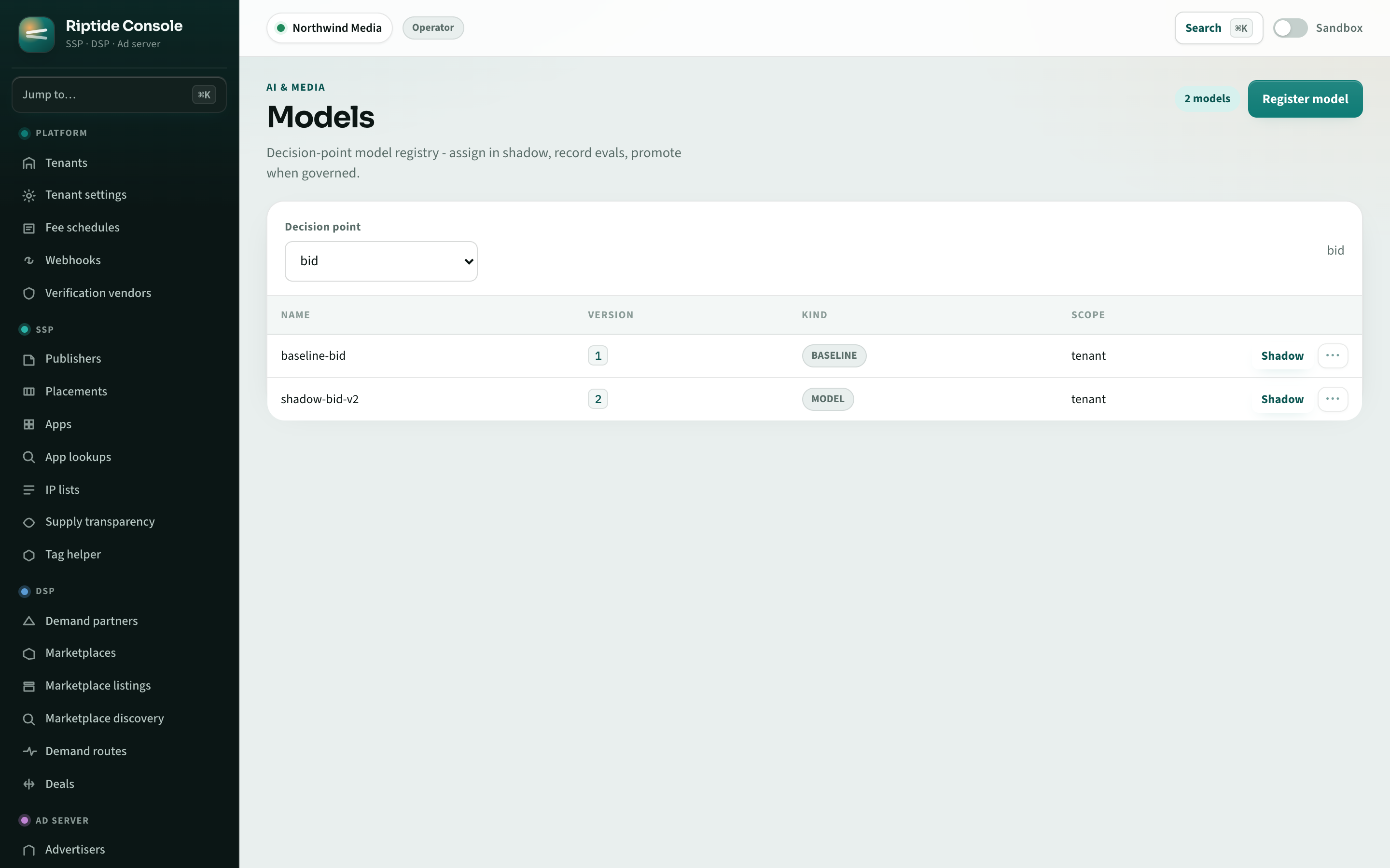 Riptide Console model registry with baseline and shadow bid models