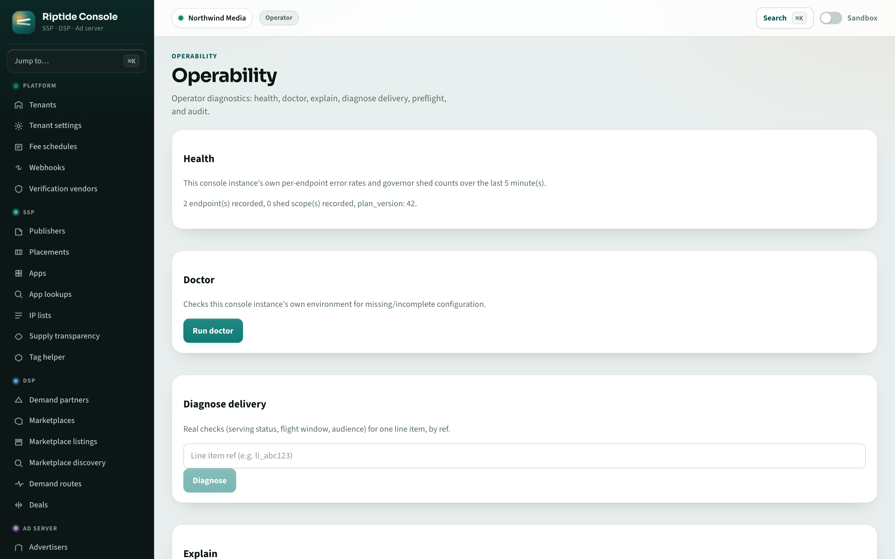 Riptide Console operability view with health checks and audit log