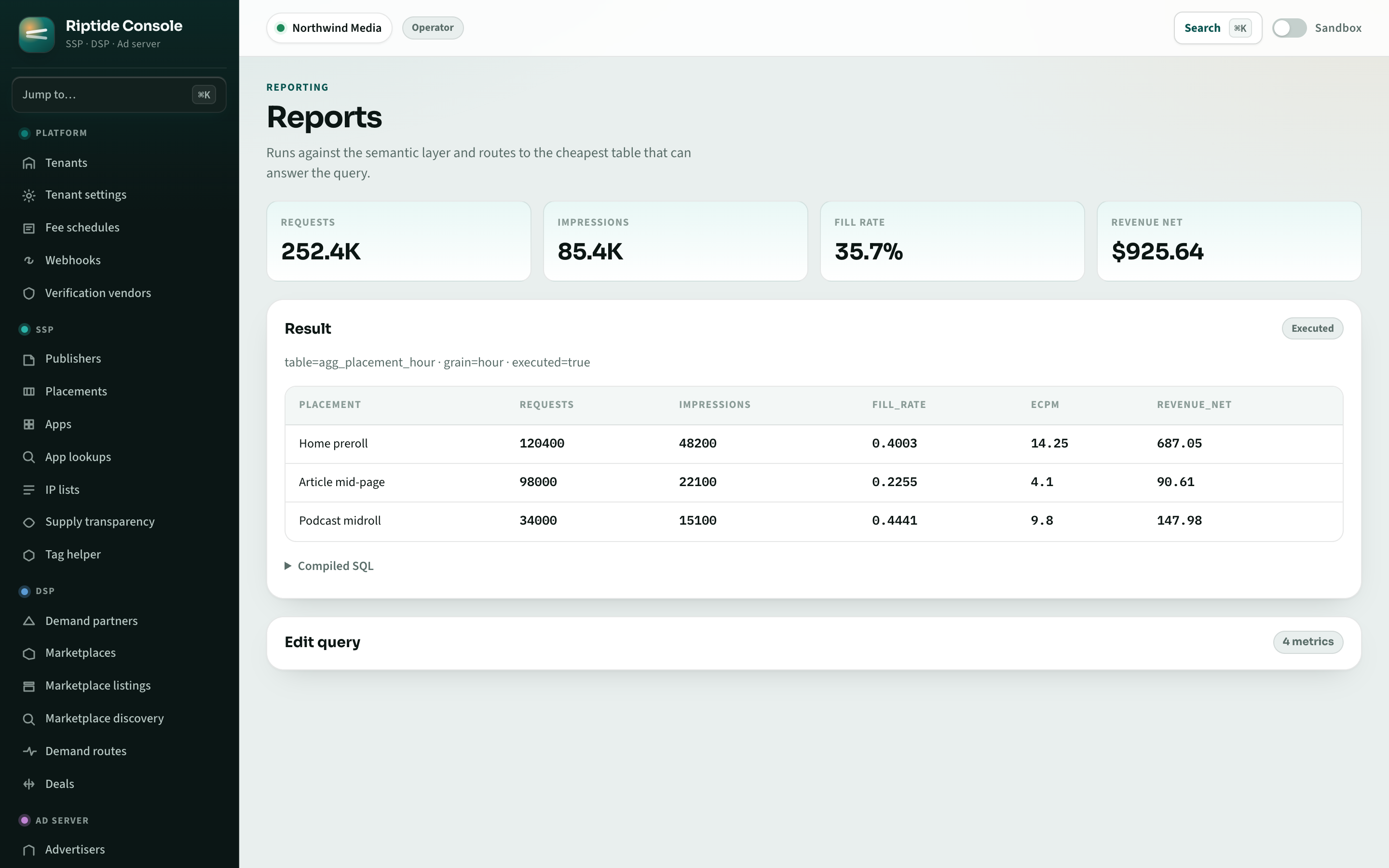 Riptide Console reports with placement fill rate, eCPM, and revenue